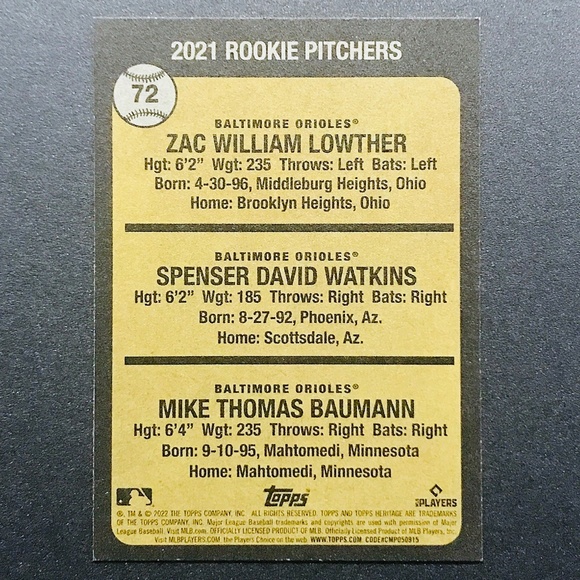 Zac Lowther RC / Spenser Watkins RC / Mike Baumann RC - 2022 Topps Heritage #72 - Picture 2 of 2